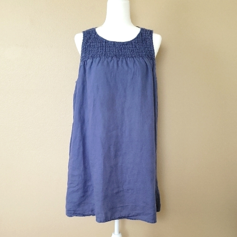 C&C California Blue Linen Smocked Front Mini Dress Beach Vacation Coastal